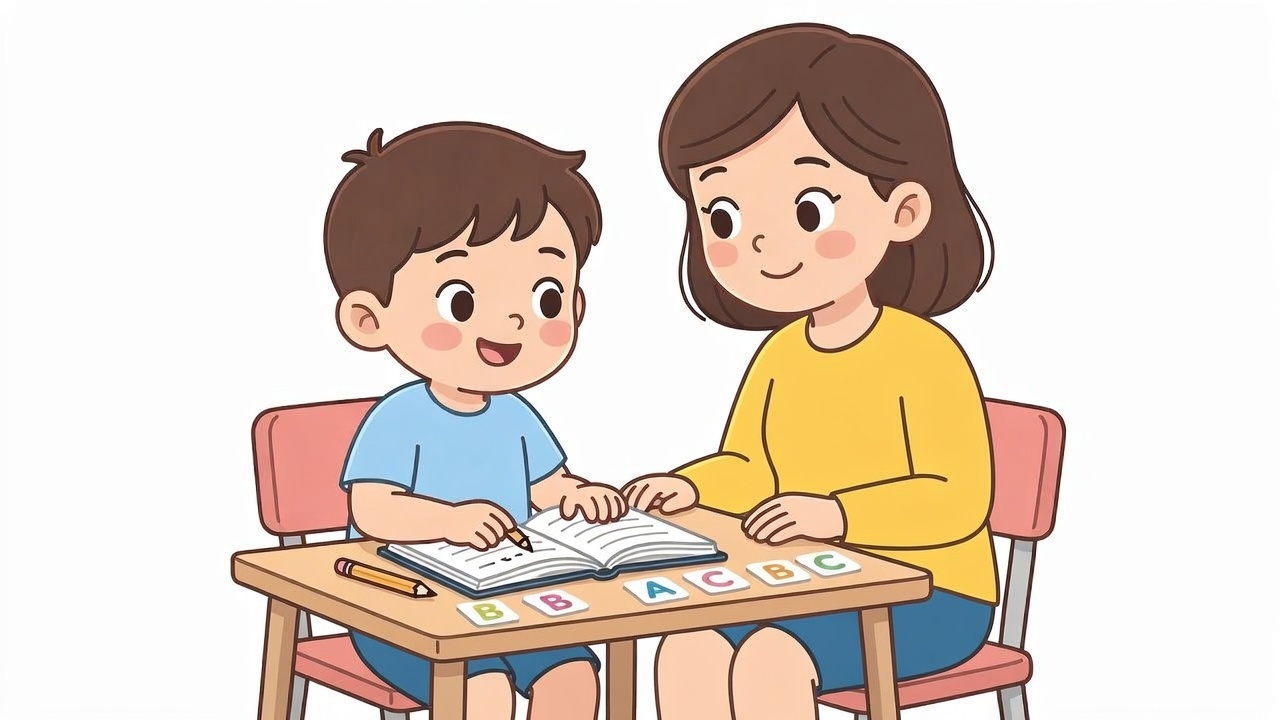 5-year-old child reading a decodable book at a small desk with a parent alongside