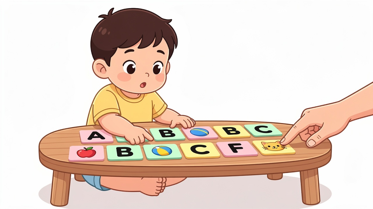 4-year-old child pointing at letter sound cards at a low table