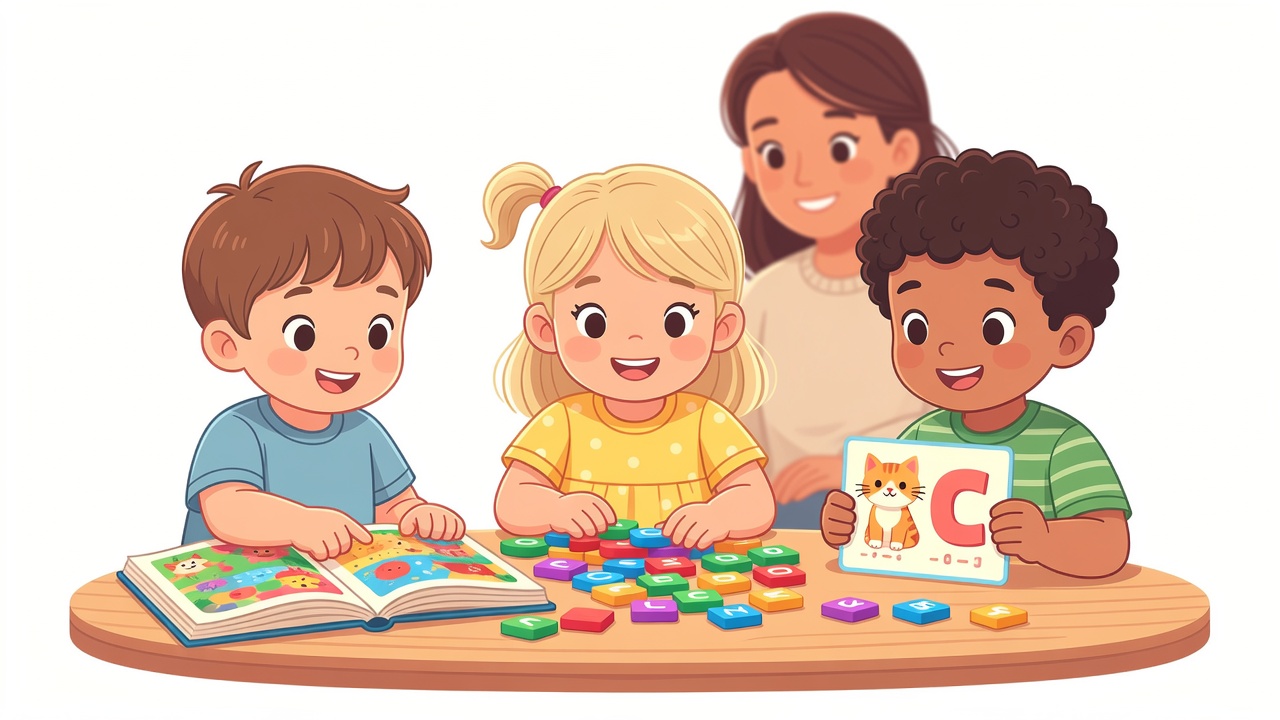 Three preschoolers ages 3, 4, and 5 doing phonics activities at a low table with parent watching